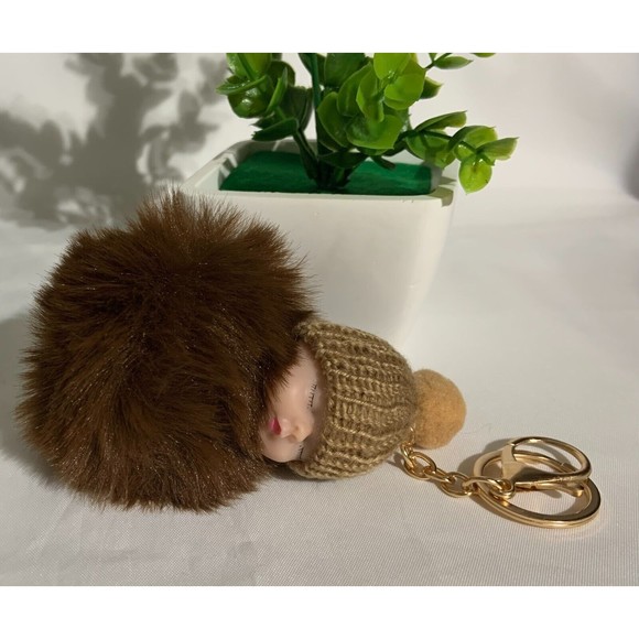 Cute Sleeping Baby  Fur Ball Hat Plush Doll Pendent Unisex Key Chain - Picture 4 of 8